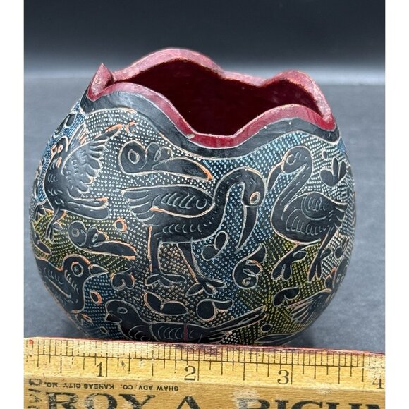 Hand Carved Colorful Gourd Bowl Folk Art Birds Decorative Signed - Picture 9 of 9